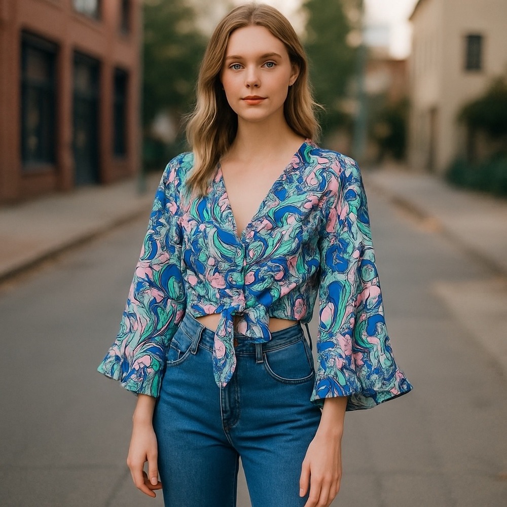 Smak Parlour 1X Tie Front Blouse Top Paisley Print Bell Sleeve V Neck